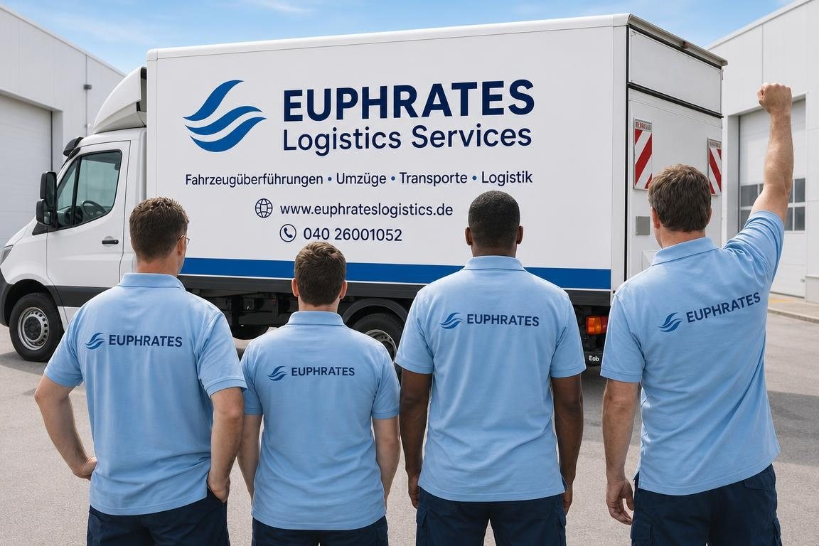 Das Team von Euphrates Logistics vor dem gebrandeten Firmenfahrzeug